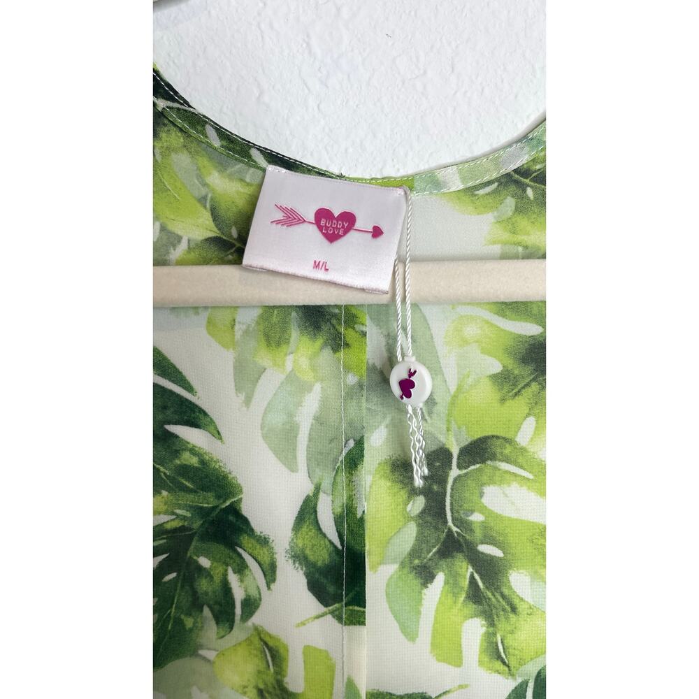 Buddy Love Green Tropical Leaf Long Duster Kimono M/L Sheer Boho Preppy - Picture 3 of 7